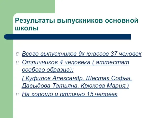 Результаты выпускников основной школы Всего выпускников 9х классов 37 человек Отличников 4