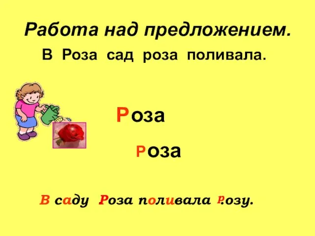 Работа над предложением. оза оза В саду . оза поливала .озу. Р