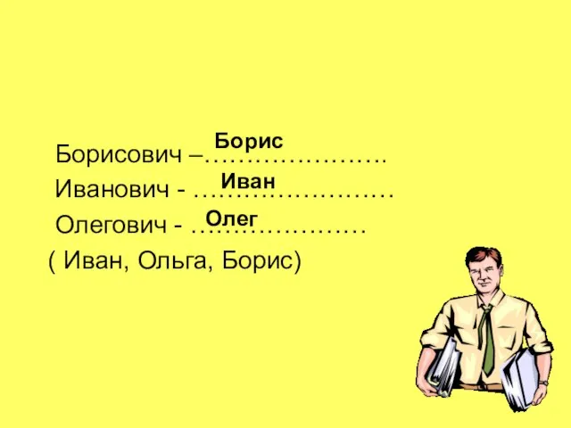 Борисович –…………………. Иванович - …………………… Олегович - ………………… ( Иван, Ольга, Борис) Борис Иван Олег