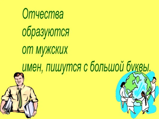 Отчества образуются от мужских имен, пишутся с большой буквы.