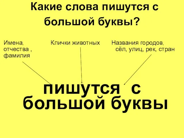 Какие слова пишутся с большой буквы? Имена, Клички животных Названия городов, отчества