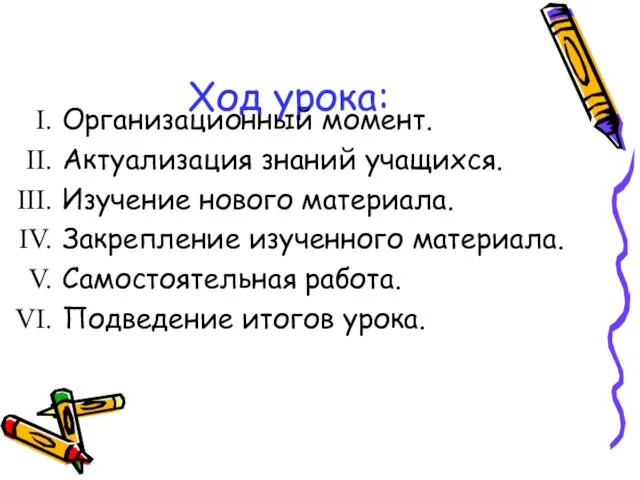 Ход урока: Организационный момент. Актуализация знаний учащихся. Изучение нового материала. Закрепление изученного