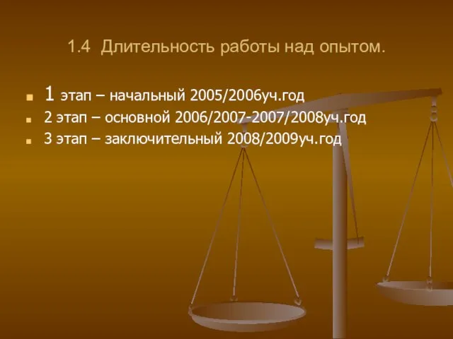 1.4 Длительность работы над опытом. 1 этап – начальный 2005/2006уч.год 2 этап