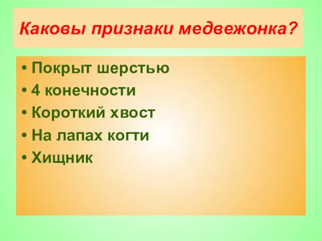 Каковы признаки медвежонка? Покрыт шерстью 4 конечности Короткий хвост На лапах когти Хищник