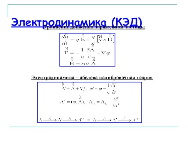 Электродинамика (КЭД) Уравнение движения заряженной частицы Электродинамика – абелева калибровочная теория