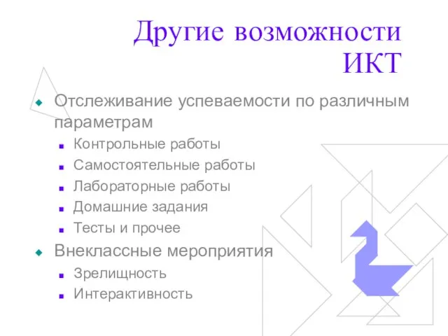 Другие возможности ИКТ Отслеживание успеваемости по различным параметрам Контрольные работы Самостоятельные работы