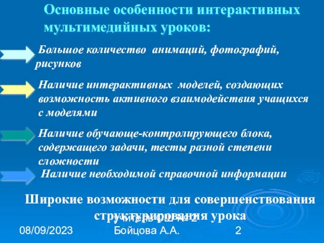 08/09/2023 учитель СШ № 2 Бойцова А.А. Основные особенности интерактивных мультимедийных уроков: