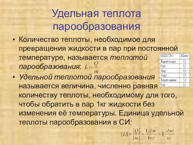 Удельная теплота парообразования Количество теплоты, необходимое для превращения жидкости в пар при