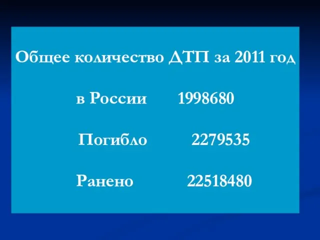 Общее количество ДТП за 2011 год в России 1998680 Погибло 2279535 Ранено 22518480