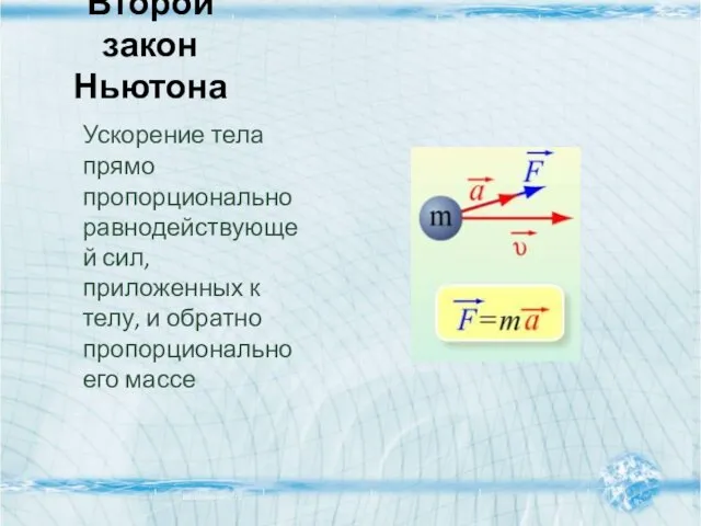 Второй закон Ньютона Ускорение тела прямо пропорционально равнодействующей сил, приложенных к телу,