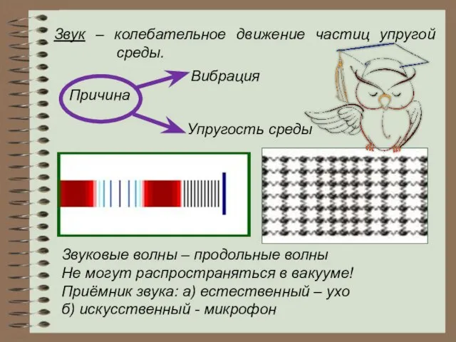 Звук – колебательное движение частиц упругой среды. Причина Вибрация Упругость среды Звуковые