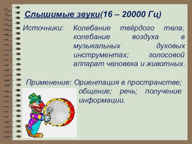 Слышимые звуки(16 – 20000 Гц) Источники: Колебание твёрдого тела; колебание воздуха в