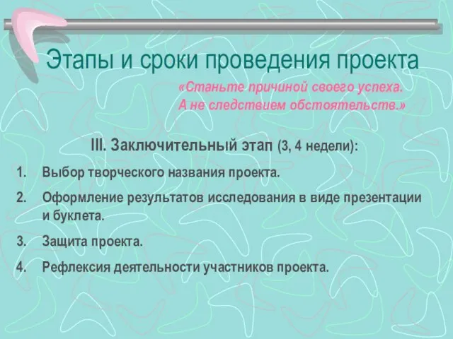 Этапы и сроки проведения проекта III. Заключительный этап (3, 4 недели): Выбор