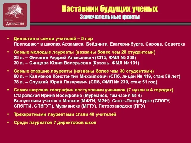 Наставник будущих ученых Замечательные факты Династии и семьи учителей – 5 пар