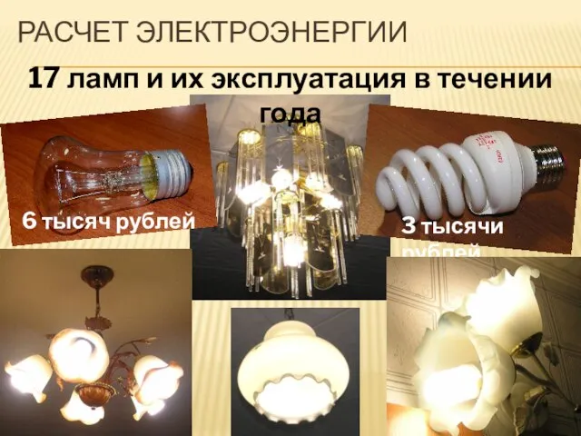 РАСЧЕТ ЭЛЕКТРОЭНЕРГИИ 3 тысячи рублей 6 тысяч рублей 17 ламп и их эксплуатация в течении года