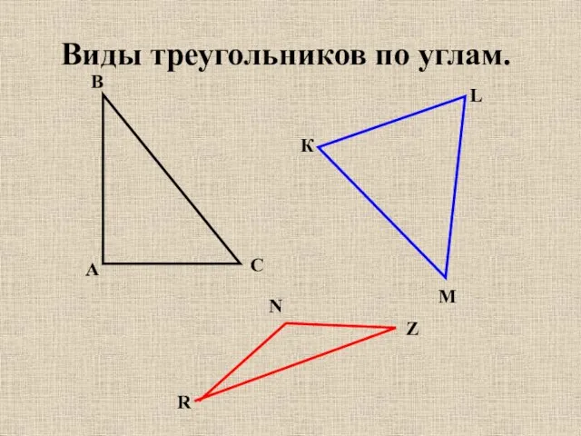 Виды треугольников по углам. А В С К L M R N Z