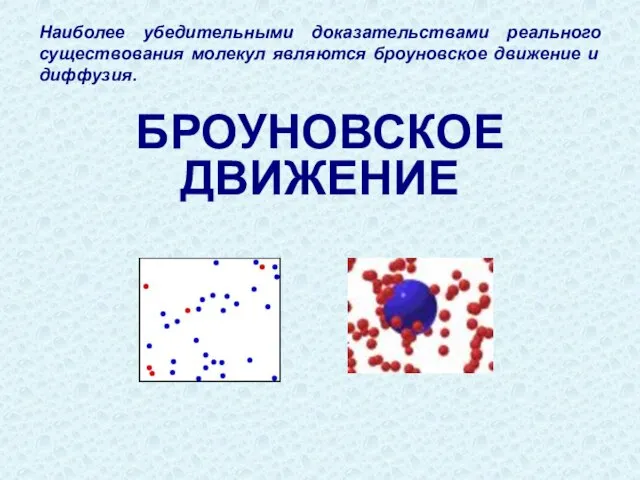 Наиболее убедительными доказательствами реального существования молекул являются броуновское движение и диффузия. БРОУНОВСКОЕ ДВИЖЕНИЕ