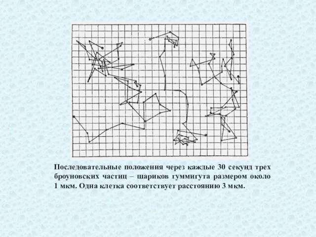 Последовательные положения через каждые 30 секунд трех броуновских частиц – шариков гуммигута