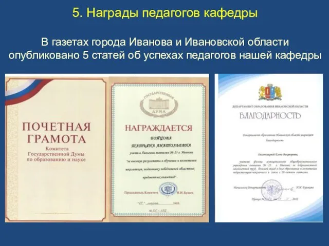5. Награды педагогов кафедры В газетах города Иванова и Ивановской области опубликовано
