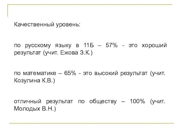 Качественный уровень: по русскому языку в 11Б – 57% - это хороший