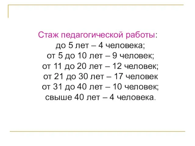 Стаж педагогической работы: до 5 лет – 4 человека; от 5 до