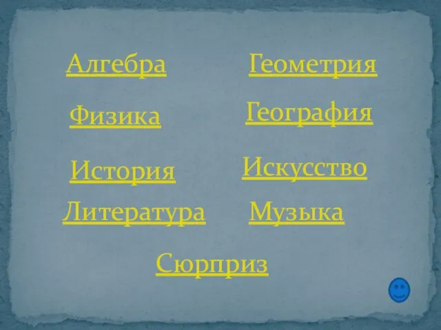 Алгебра Геометрия Физика География История Искусство Литература Музыка Сюрприз