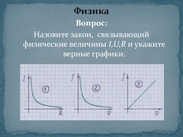 Вопрос: Назовите закон, связывающий физические величины I,U,R и укажите верные графики. Физика