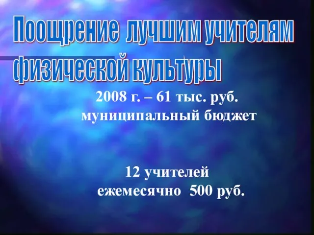 Поощрение лучшим учителям физической культуры 2008 г. – 61 тыс. руб. муниципальный