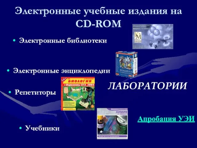 Электронные учебные издания на CD-ROM Электронные библиотеки Электронные энциклопедии Репетиторы Учебники ЛАБОРАТОРИИ Апробация УЭИ