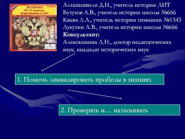 1. Помочь ликвидировать пробелы в знаниях 2. Проверять и… натаскивать Алхазашвили Д.Н.,