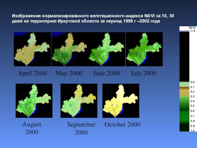 Изображения нормализированного вегетационного индекса NDVI за 10, 30 дней на территорию Иркутской