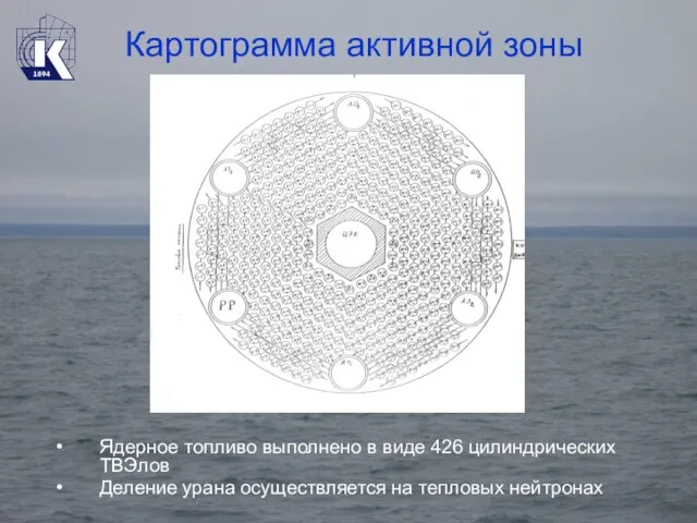 Ядерное топливо выполнено в виде 426 цилиндрических ТВЭлов Деление урана осуществляется на