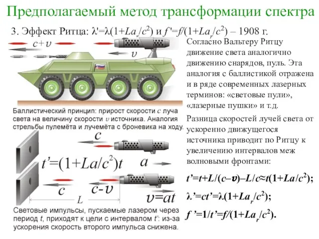 Предполагаемый метод трансформации спектра 3. Эффект Ритца: λ'=λ(1+Lar/c2) и f '=f/(1+Lar/c2) –