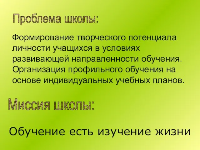 Проблема школы: Формирование творческого потенциала личности учащихся в условиях развивающей направленности обучения.