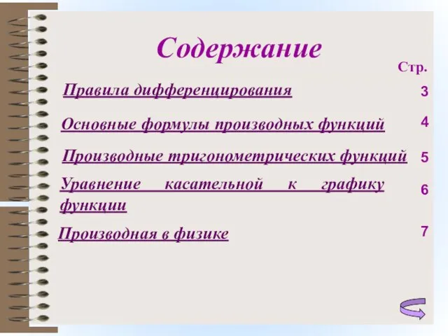 Содержание Правила дифференцирования Основные формулы производных функций Производные тригонометрических функций Уравнение касательной