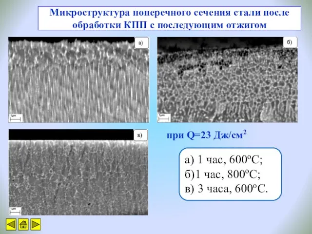 Микроструктура поперечного сечения стали после обработки КПП с последующим отжигом а) 1