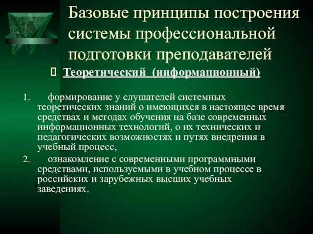 Базовые принципы построения системы профессиональной подготовки преподавателей Теоретический (информационный) формирование у слушателей