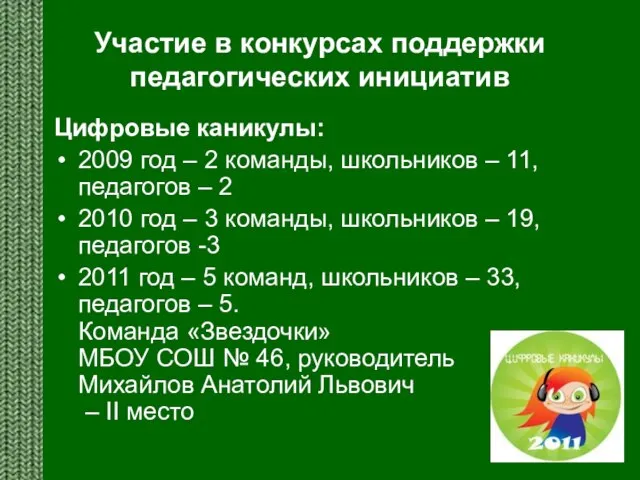 Участие в конкурсах поддержки педагогических инициатив Цифровые каникулы: 2009 год – 2