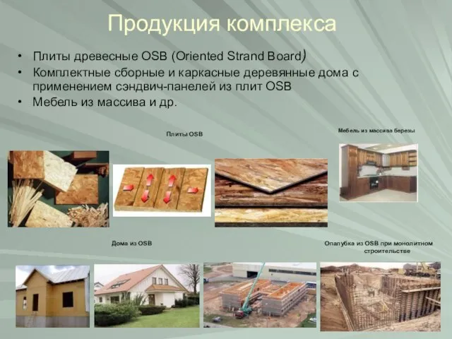 Продукция комплекса Плиты древесные OSB (Oriented Strand Board) Комплектные сборные и каркасные