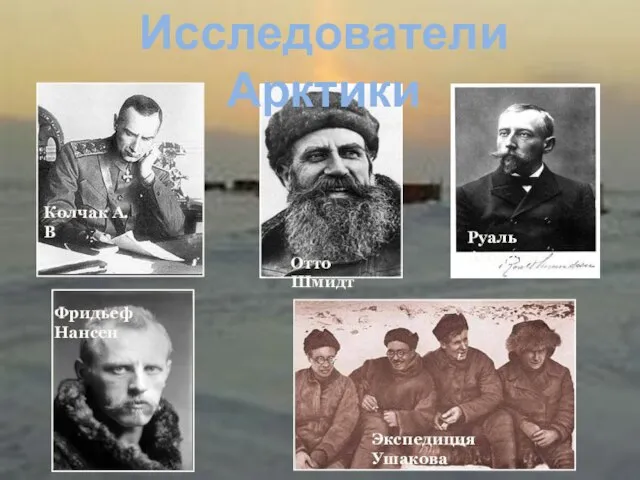 Исследователи Арктики Колчак А.В Отто Шмидт Руаль Амудсен Фридьеф Нансен Экспедиция Ушакова