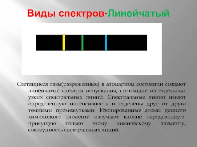 Виды спектров-Линейчатый Светящиеся газы(разреженные) в атомарном состоянии создают линейчатые спектры испускания, состоящие