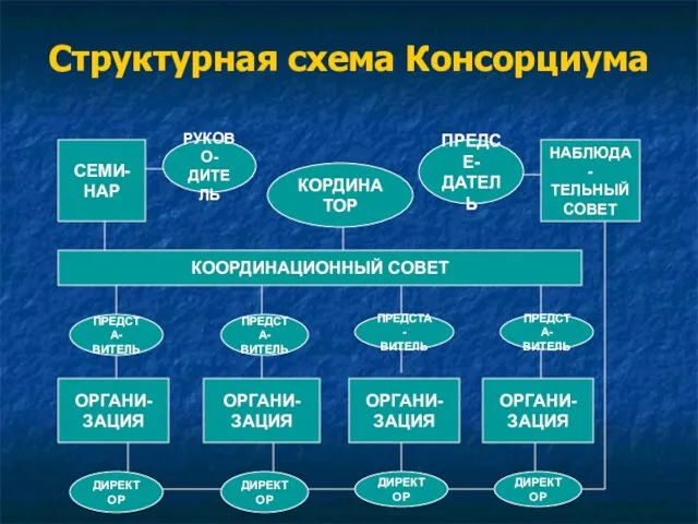 Структурная схема Консорциума ОРГАНИ- ЗАЦИЯ ОРГАНИ- ЗАЦИЯ ОРГАНИ- ЗАЦИЯ ОРГАНИ- ЗАЦИЯ ПРЕДСТА-