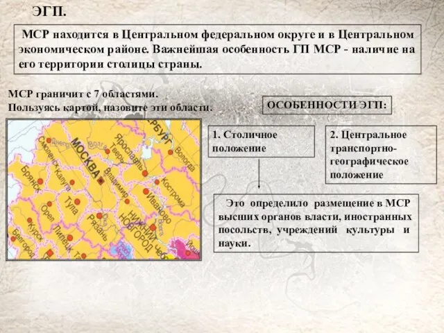 ЭГП. МСР находится в Центральном федеральном округе и в Центральном экономическом районе.