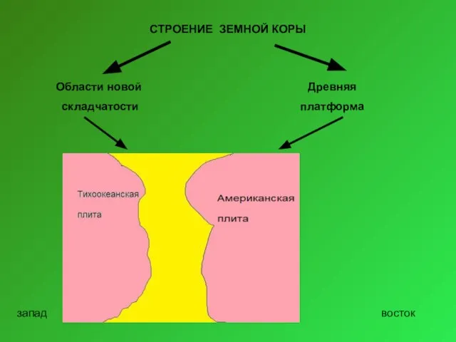 СТРОЕНИЕ ЗЕМНОЙ КОРЫ Области новой складчатости Древняя платформа запад восток