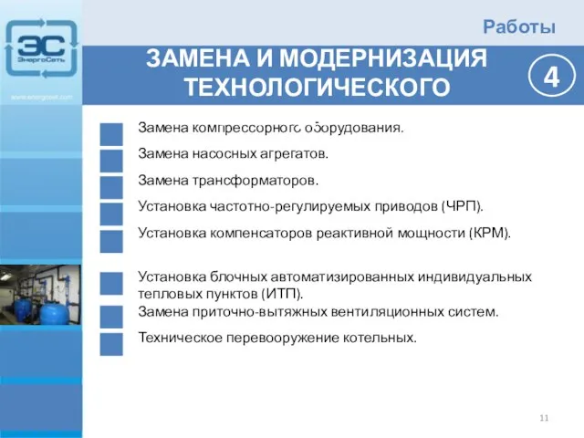 11 Замена компрессорного оборудования. Замена насосных агрегатов. Замена трансформаторов. Установка частотно-регулируемых приводов