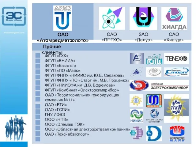 ОАО «Атомредметзолото» ОАО «ППГХО» ЗАО «Далур» ОАО «Хиагда» Прочие клиенты ФГУП «ГХК»