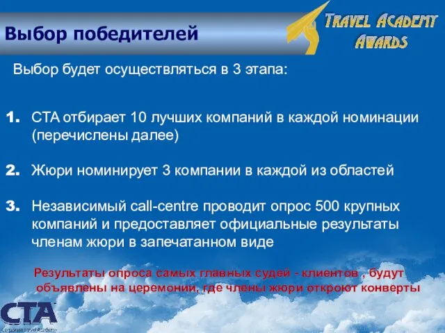 Выбор победителей Выбор будет осуществляться в 3 этапа: CTA отбирает 10 лучших