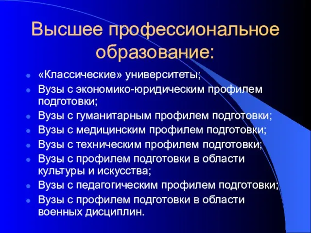 Высшее профессиональное образование: «Классические» университеты; Вузы с экономико-юридическим профилем подготовки; Вузы с