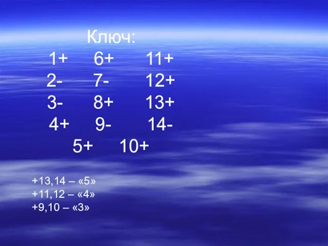 Ключ: 1+ 6+ 11+ 2- 7- 12+ 3- 8+ 13+ 4+ 9-