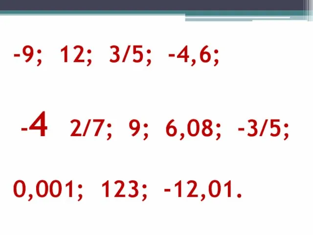 -9; 12; 3/5; -4,6; -4 2/7; 9; 6,08; -3/5; 0,001; 123; -12,01.